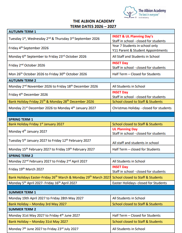 Term Dates 2026-2027