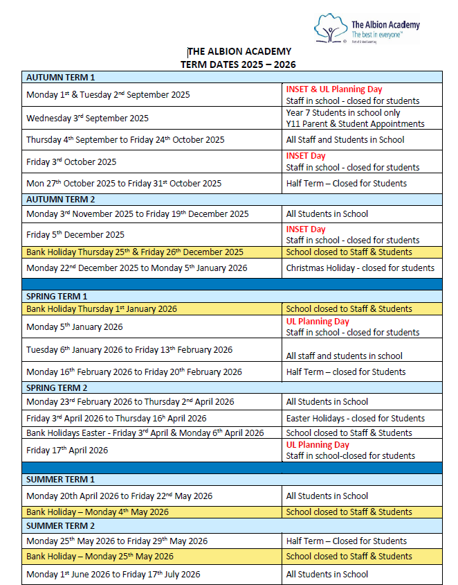 Albion Term Dates 25-26