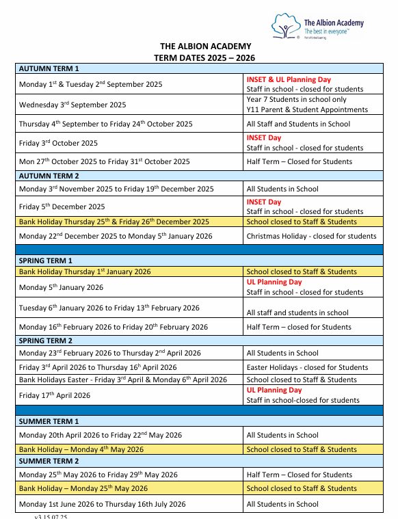 Albion Term Dates 25-26