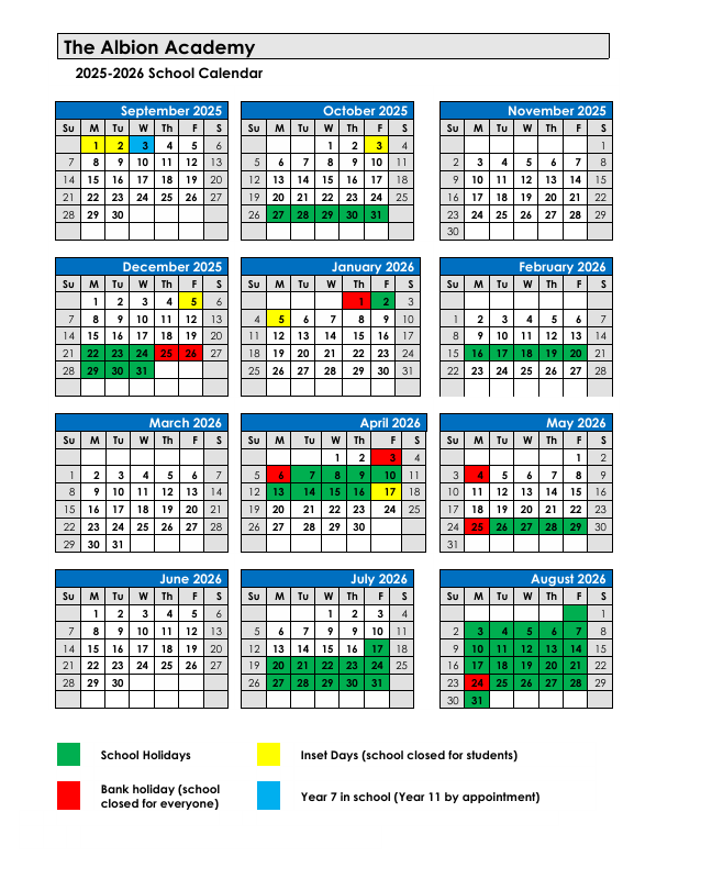 Albion Parent Calendar 2025 - 2026