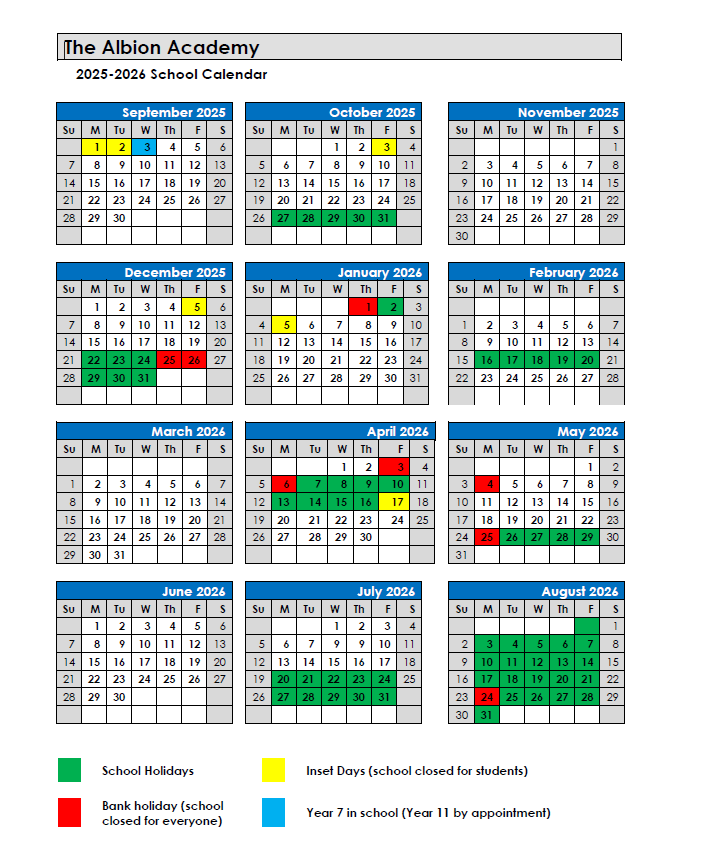 Albion Parent Calendar 2025 - 2026